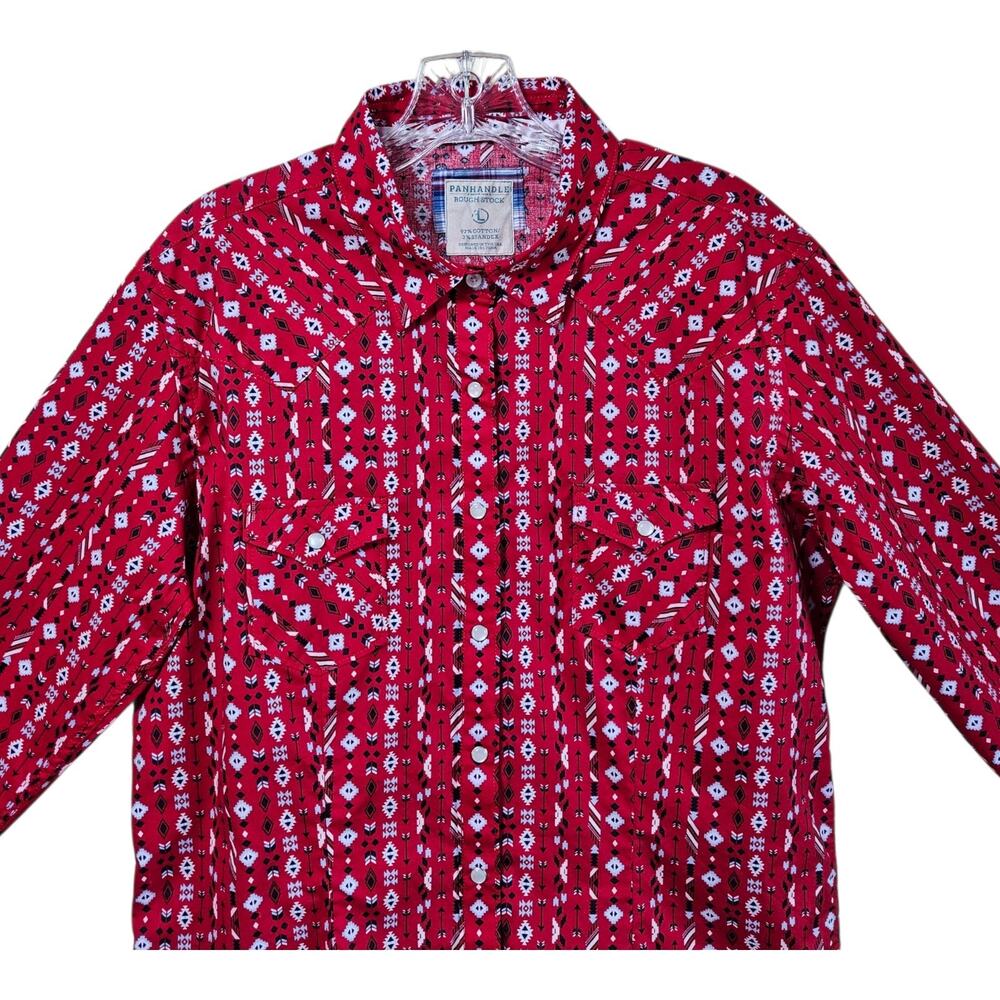 PANHANDLE ROUGH STOCK Women's L Western Shirt Pearl Snaps Red Blue White 40" - Picture 2 of 7